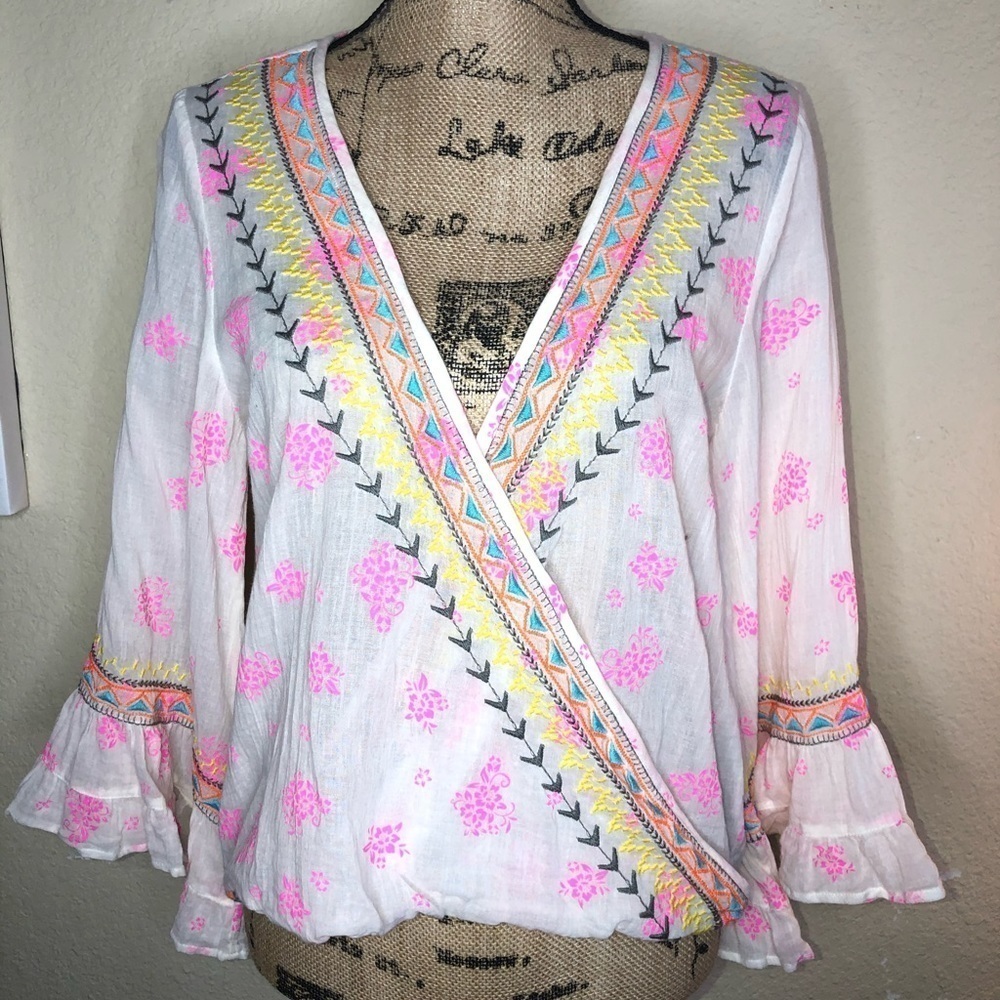 Cousin Earl “Deva” Embroidery Deep V Neck White, Pink & Yellow Top Size S